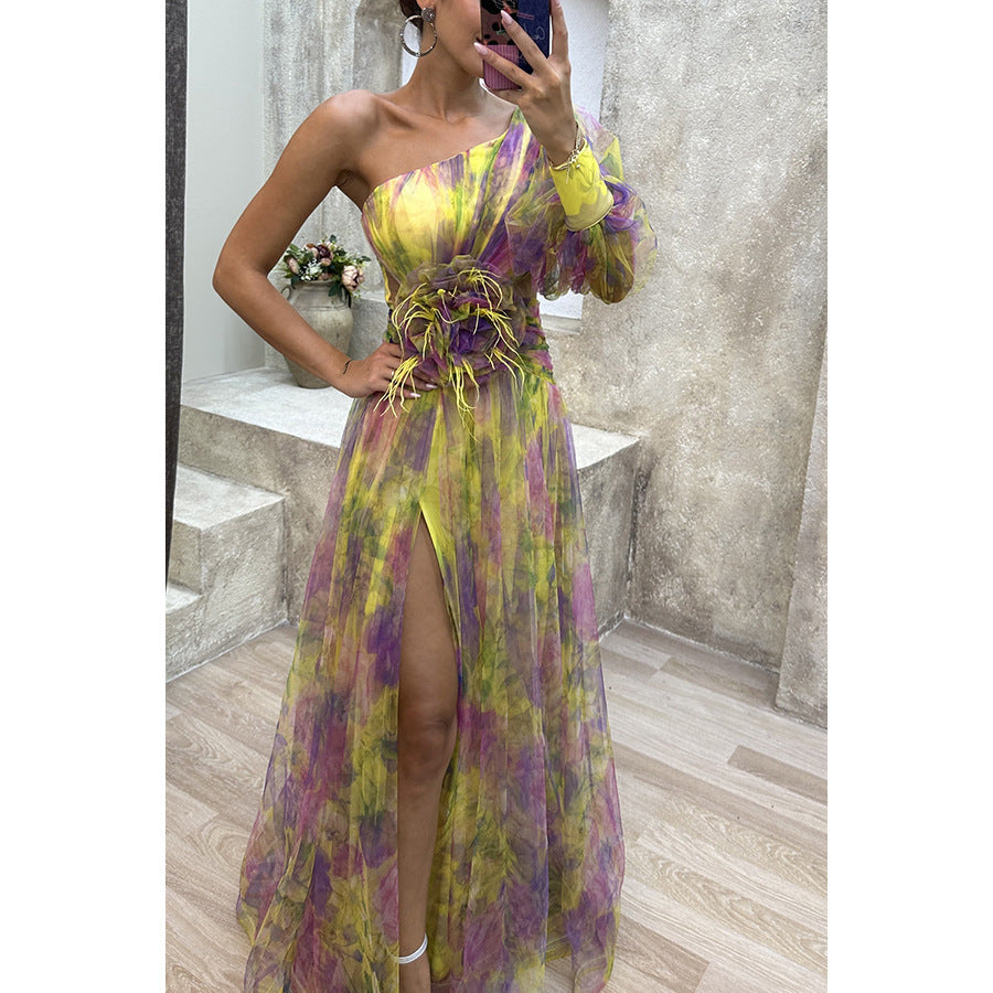 Mesh Tie-dye Off-shoulder Slit  Summer Dress INS Fashion Long  Party Dress For Womens Fashion