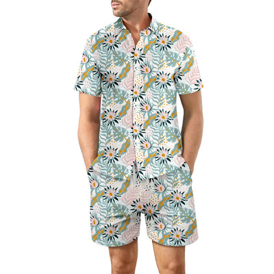 Men's Casual 2Pcs Printed Beach T-Shirt & Shorts Summer Suit Drawstring Pockets Shorts