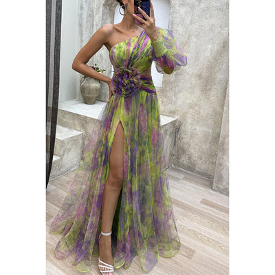 Mesh Tie-dye Off-shoulder Slit  Summer Dress INS Fashion Long  Party Dress For Womens Fashion