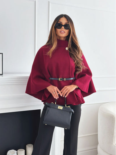 Women's Stand Collar Batwing Sleeves Cloak Top With Belt Ins Fashion Temperament Jacket Woolen Sweater Outwear